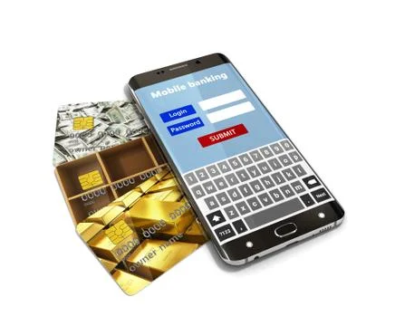 Concept of mobile banking, with a white screen smartphone lying on the bank c Stock Illustration