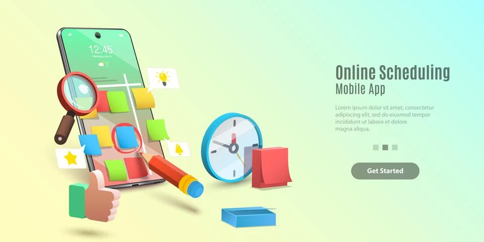 Concept of Mobile Scheduling App, Time Management Application. Illustrazione stock