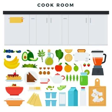 Concept of modern kitchen. Working area of the kitchen, some food and utensils Stock Illustration