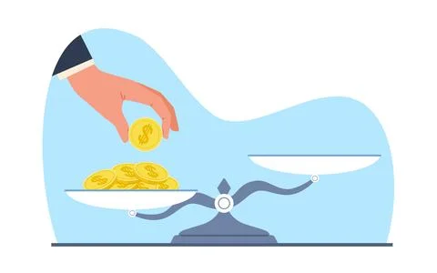 Concept of monetary inequality, hand puts coins on scales and puts them out of Stock Illustration