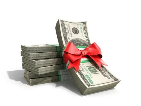 Concept of money Deposite Bonus Stack of dollar bills Cash With Red Bow 3d re Illustrazione stock