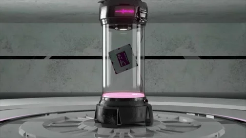 The concept of nanotechnology and AI. A microchip hovers inside a sealed glass Stock Footage 242264804