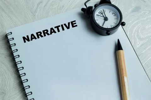 Concept of narrative write on book isolated on Wooden Table. Stock Photos