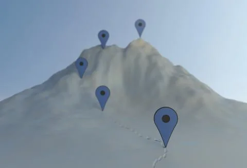 Concept navigation on the mountains. hard way with pin and checkpoints. 3d Stock Illustration