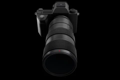 Concept of nonexistent DSLR camera with lens isolated on a black background. Stock Illustration