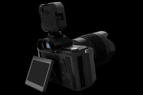 Concept of nonexistent DSLR camera with lens and flash isolated on a black. Stock Illustration