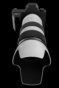Concept of nonexistent DSLR camera with lens isolated on a black background. Stock Photos