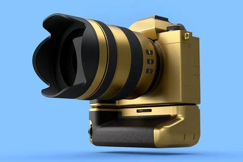 Concept of nonexistent gold DSLR camera with macro lens isolated on blue Stock Photos