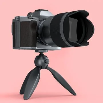 Concept of nonexistent silver DSLR camera with tripod isolated on pink. Stock Illustration