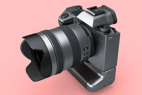 Concept of nonexistent silver DSLR camera with macro lens isolated on pink Stock Illustration