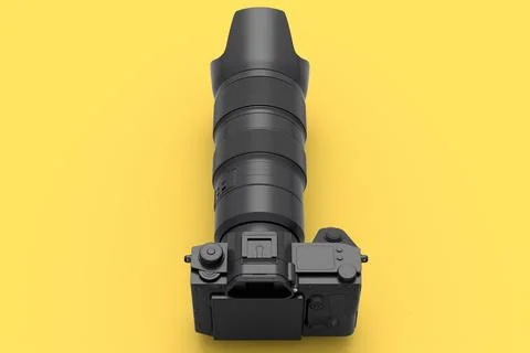Concept of nonexistent silver DSLR camera with lens on yellow monochrome Stock Illustration