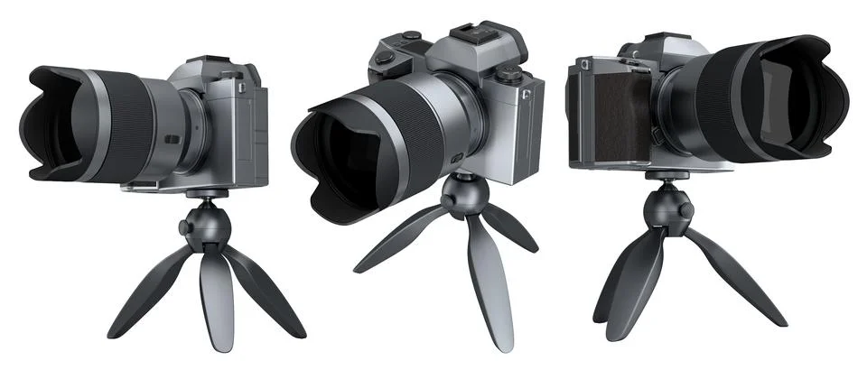Concept of nonexistent silver DSLR camera with tripod isolated on white. Stock Illustration
