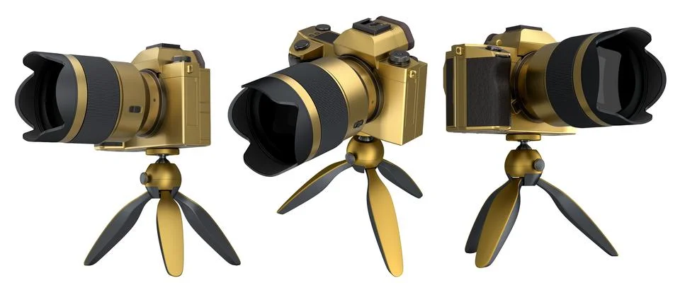Concept of nonexistent silver DSLR camera with tripod isolated on white. Stock Illustration