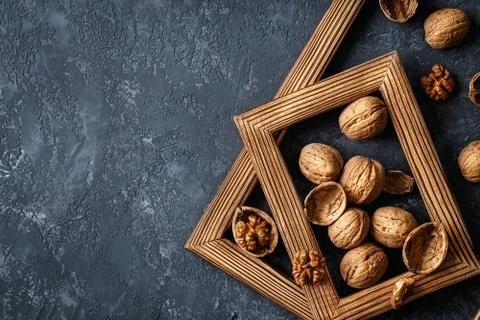 Concept  Nuts mix on old rustic background Stock Photos