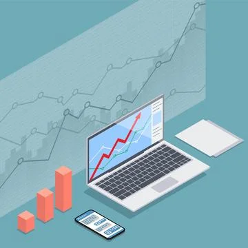 Concept of office work station. Isometric Laptop. Vector illustration. Stock Illustration