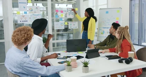 Concept of office work where likable positive successful motivated diverse team Stock Footage 143423987