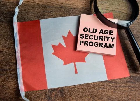 Concept of Old age Security program write on sticky notes and canada flag Stock-Fotos