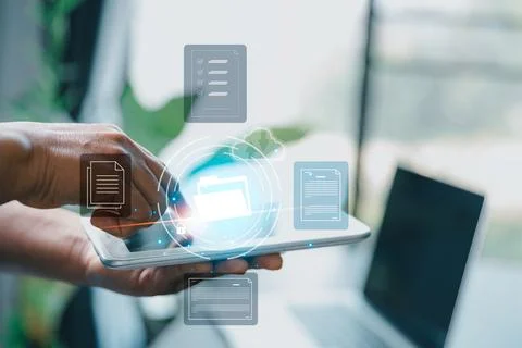 Concept of online document management technology. Businesspeople manage cor.. Stock Photos