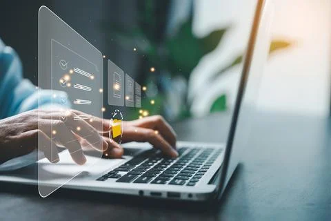 Concept of online document management technology. Businesspeople manage cor.. Foto stock