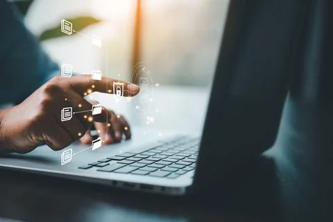 Concept of online document management technology. Businesspeople manage cor.. Stock Photos