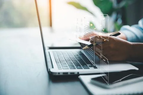 Concept of online document management technology. Businesspeople manage cor.. Foto stock