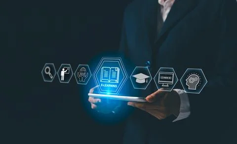 Concept of online education, e-learning, digital courses, leverages interne.. Stock Photos