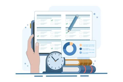 Concept of online exam on smartphone or computer. Online exam, opinion checklist Stock Illustration