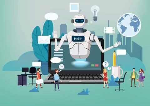 Concept online Free Chat Bot, Robot Virtual Assistance, online global technical Stock Illustration