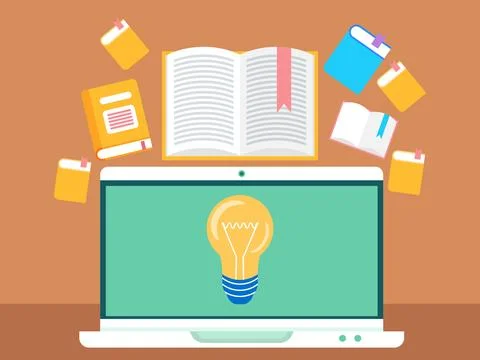 Concept of online learning. Computer with light bulb, open book and literature Stock Illustration