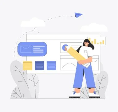 The concept of online learning, courses, distance education. A happy smiling Illustrazione stock