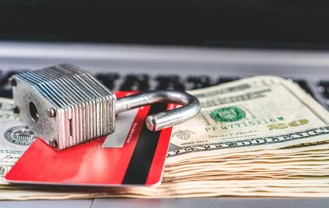 Concept of online payment with card, security and finance. Open padlock wit.. Stock Photos