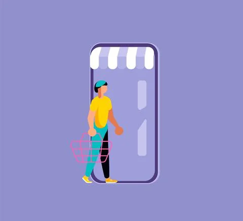 Concept of online shopping, mobile e-commerce store. Man going to digital sho Stock Illustration