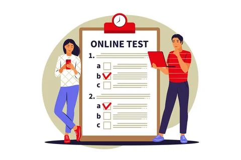 Concept online testing, e-learning, examination on computer or phone. Vector  Stock Illustration
