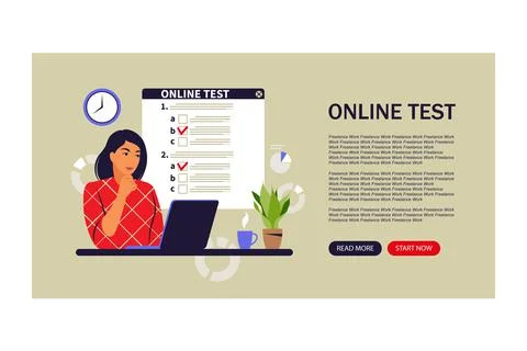 Concept online testing, e-learning, examination on computer. Landing page. Ve Stock Illustration