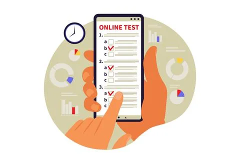 Concept online testing, e-learning, examination on phone. Vector illustration Stock-Illustration