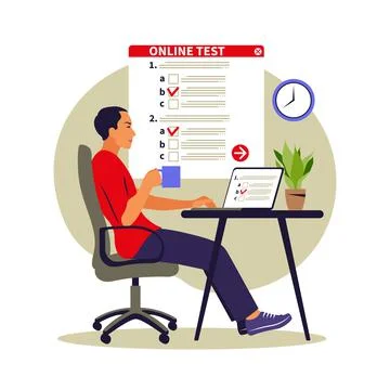 Concept online testing, e-learning, examination on computer. Vector illustrat Stock Illustration