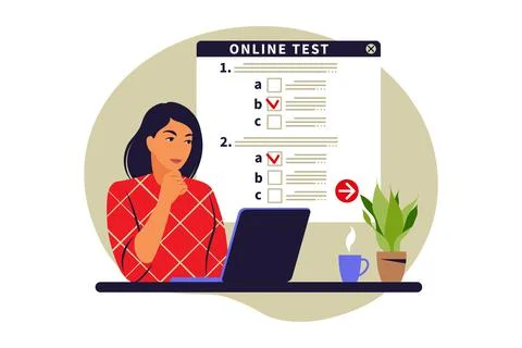 Concept online testing, e-learning, examination on computer. Vector illustrat Stock Illustration