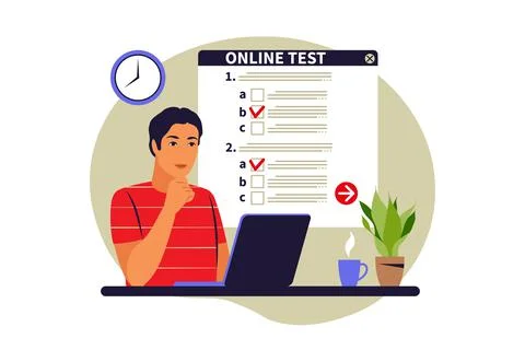 Concept online testing, e-learning, examination on computer. Vector illustrat Stock Illustration