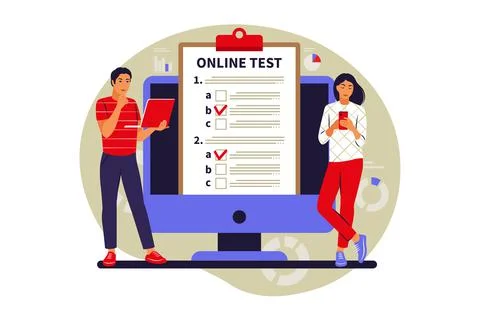 Concept online testing, e-learning, examination on computer or phone. Vector  Stock Illustration