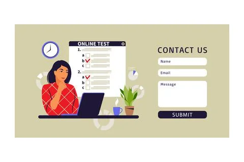 Concept online testing, e-learning, examination on computer. Contact us form. Stock Illustration