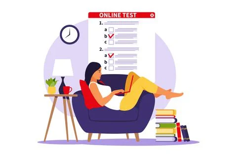 Concept online testing, e-learning, examination on computer. Vector illustrat Stock Illustration