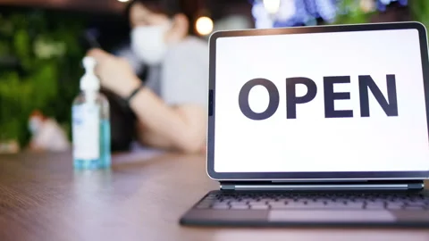 Concept Open Service. Opening sign Coffee shop Or restaurant For people Stock Footage 150268716