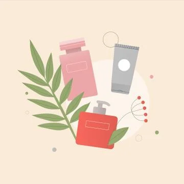 The concept of organic natural cosmetics composition. Tubes of lotion, oil Stock Illustration