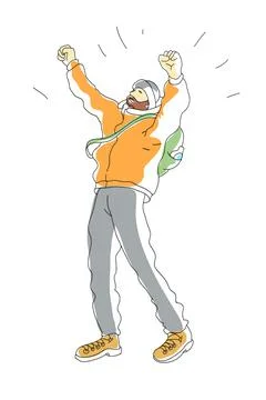Concept to overcome difficulties. Man triumphs reaching goal. 스톡 일러스트