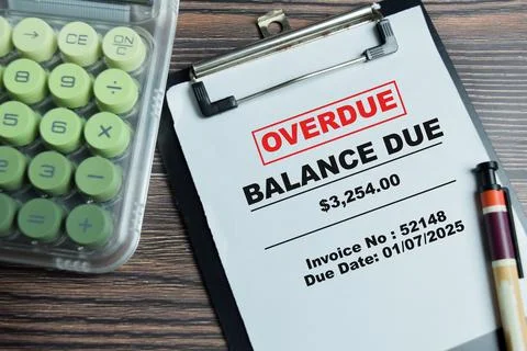 Concept of overdue invoice write on clipboard with red balance due stamp Stock Photos