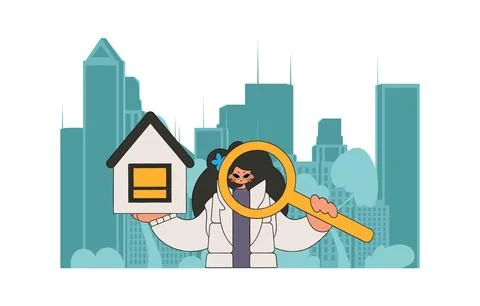 The concept of owning a home. An attractive realtor girl holds a house in h.. Stock Illustration