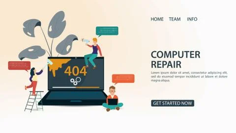 Concept page design errors 404 laptop Screen with error Small people men and 스톡 일러스트