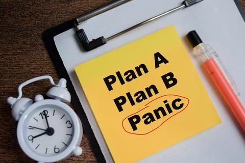 Concept of panic red circle below plan A and plan B write on sticky notes 库存照片