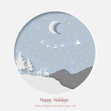 Concept of paper art winter forest on night scene with deer family Stock Illustration