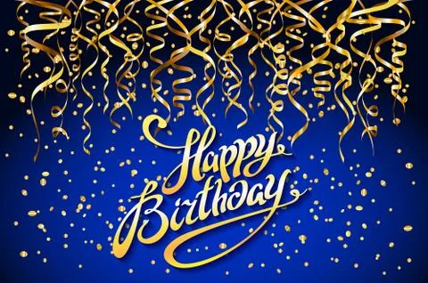 Concept party on blue background top view happy birthday gold confetti vector Stock Illustration